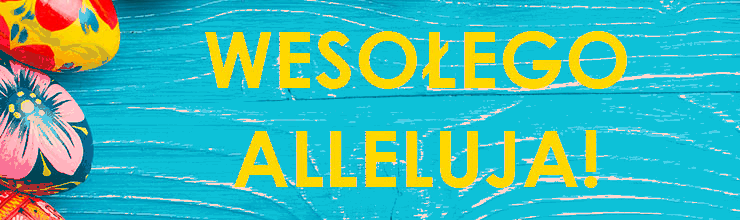 Żółty napis Wesołego Alleluja na niebieskim drewnie